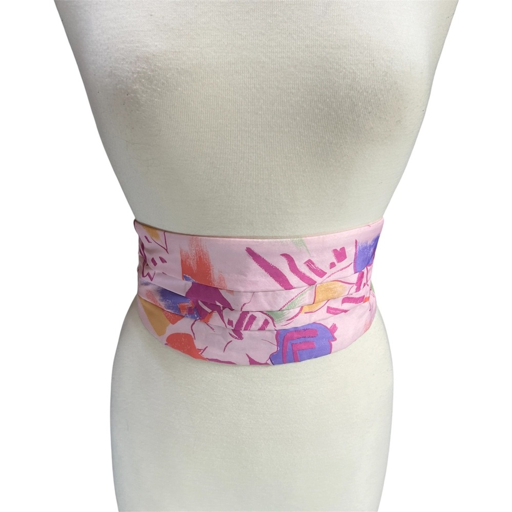 VTG 80s Abstract Floral Statement Waist Belt Cummerbund Pink Pastel USA OS Funky